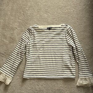 J. Crew Cream and Black Striped Long Sleeve Top with Lace Cuffs